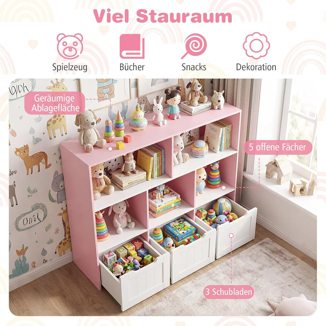COSTWAY Kinderregal mit Boxen auf Rollen, Bücherregal Kinder mit 5 Fächern & 3 Schubladen, Spielzeug