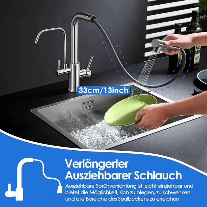 ROVOGO 3 Wege Wasserhahn Küche mit Filter, Hochdruck Küchenarmatur mit 2 Strahlarten Brause Ausziehb
