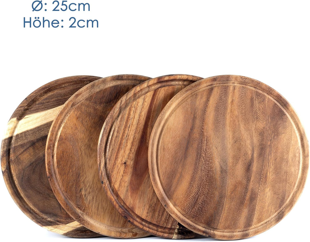 Fleischteller Akazie Ø 25 cm – 4er Set Holzteller rund – Vesperteller, Brotzeitbrett, Servierbrett,