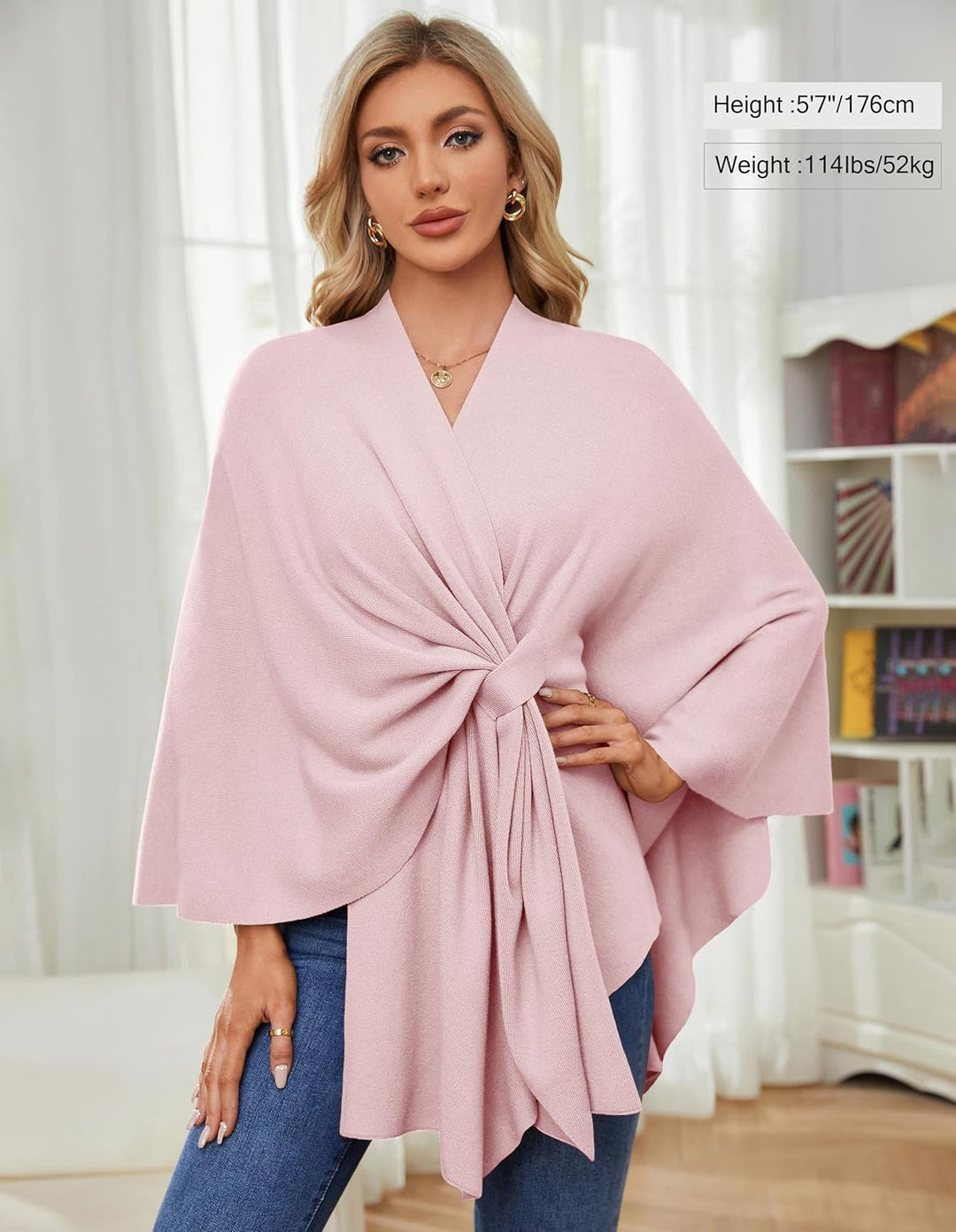 PULI Damen Elegant Poncho Strick Ponchos Capes Vorne öffnen Vielseitige Schalwickel mit Lasche Rosa,