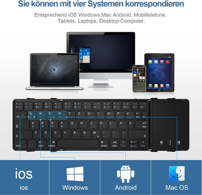 Bluetooth-Tastatur, faltbar, mit Touchpad, kabellose Falttastatur (Bluetooth-Verbindung + USB-Kabelv