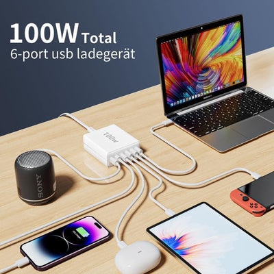 FINIBO USB C Ladegerät Mehrfach: 100W 6-Port Schnellladegerät mit USB-C und USB-A, Tragbarer USB C W