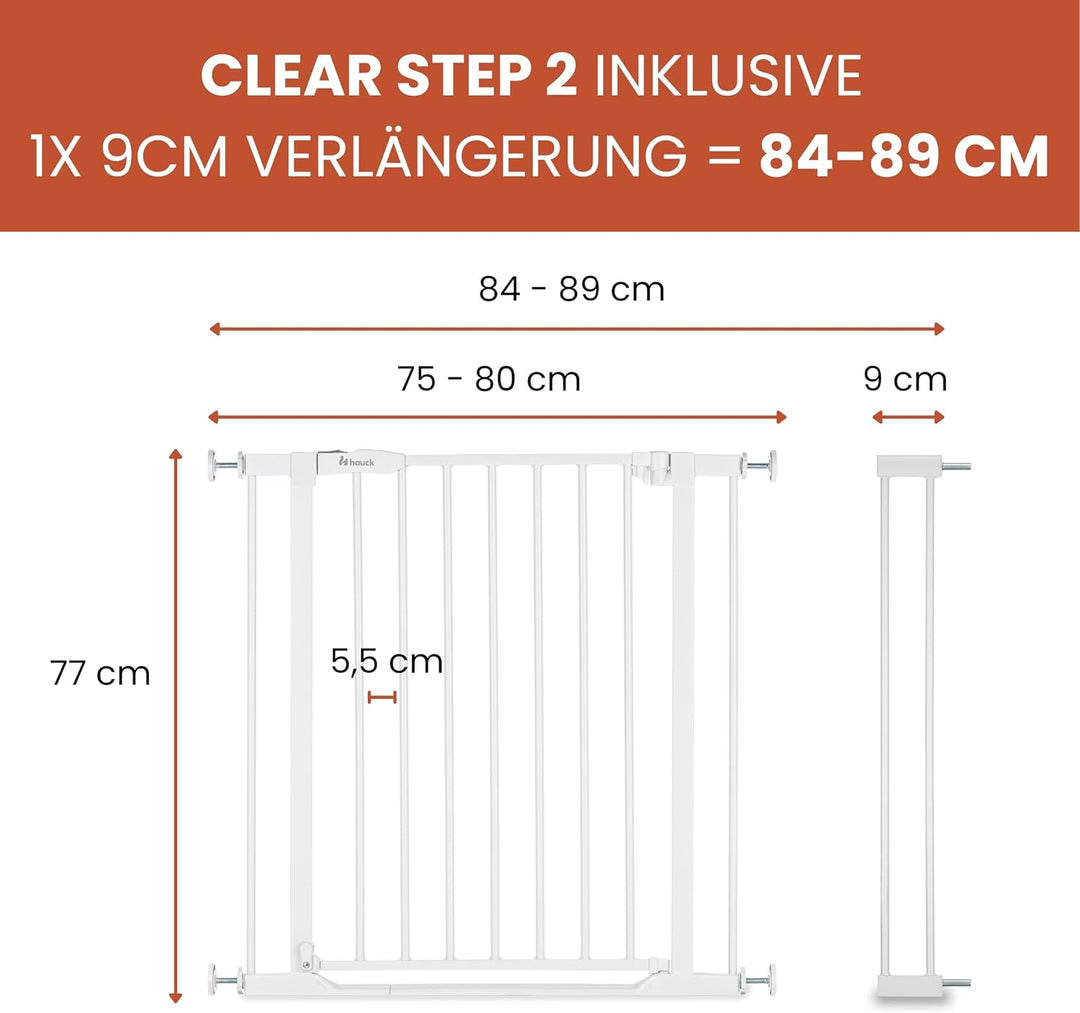 Hauck Treppenschutzgitter Türschutzgitter Clear Step 2 inkl. 9 cm Verlängerung für Breiten 84-89 cm,