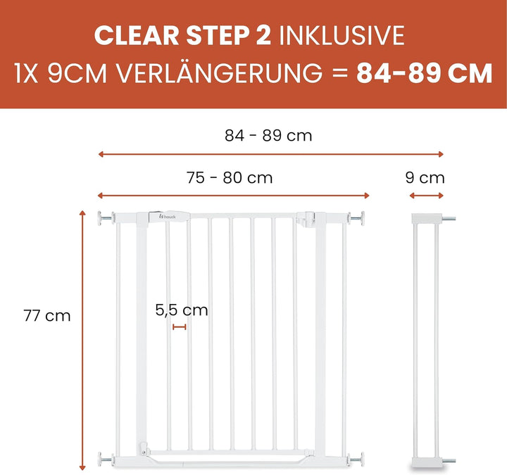 Hauck Treppenschutzgitter Türschutzgitter Clear Step 2 inkl. 9 cm Verlängerung für Breiten 84-89 cm,