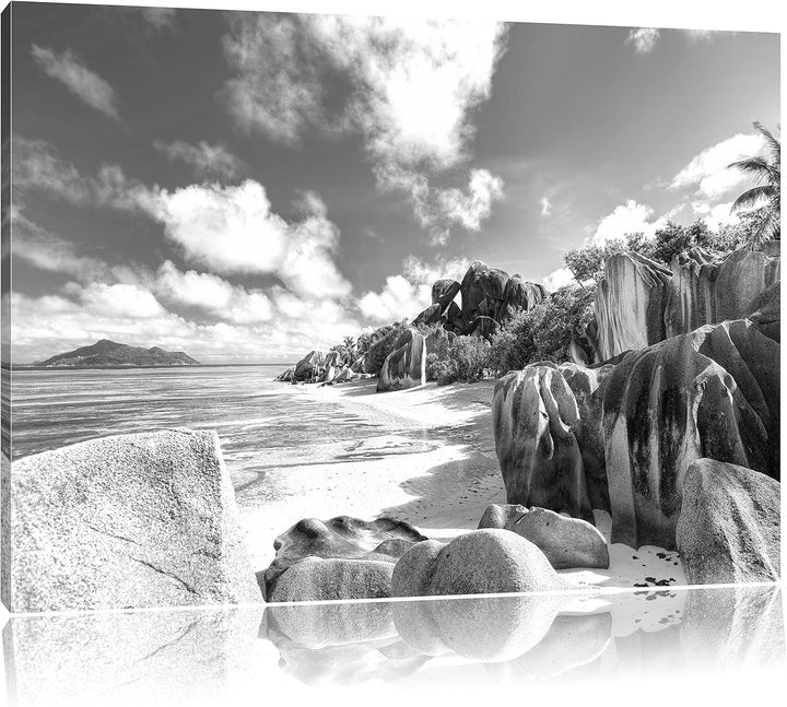 Pixxprint Seychellen Strand Kunst B&W als Leinwandbild | Grösse: 100x70 cm | Wandbild | Kunstdruck |