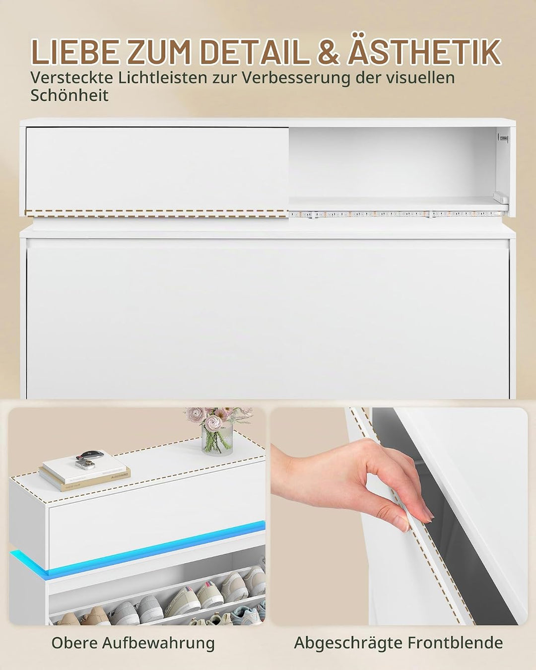 Hzuaneri Schuhschrank, Schuhkipper Schmal mit LED-Leuchten, Schuhregal, Verstellbare Ablagefläche, 1