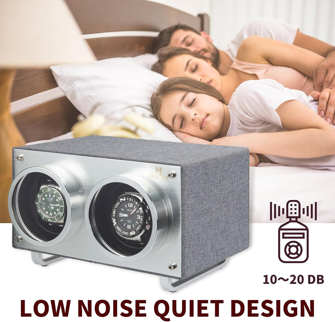 MOZSLY Doppel Uhrenbeweger für Automatikuhren mit leisem Motor Grau Hanf Baumwoll Gewebe, Grau