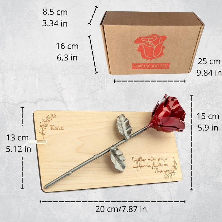 Forging Art Bcn Rose aus Schmiedeeisen auf Holzrahmen mit personalisierter Gravur (Walnuss), Walnuss
