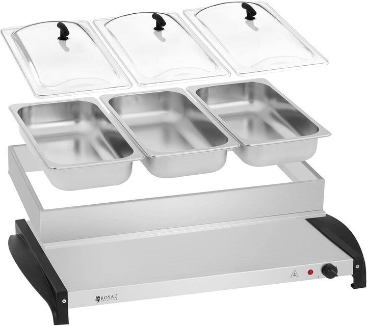 Royal Catering RCHP-400/3 Edelstahl Buffetwärmer Speisenwärmer elektrisch 3 x 2 L 400 W Acrylglasdec