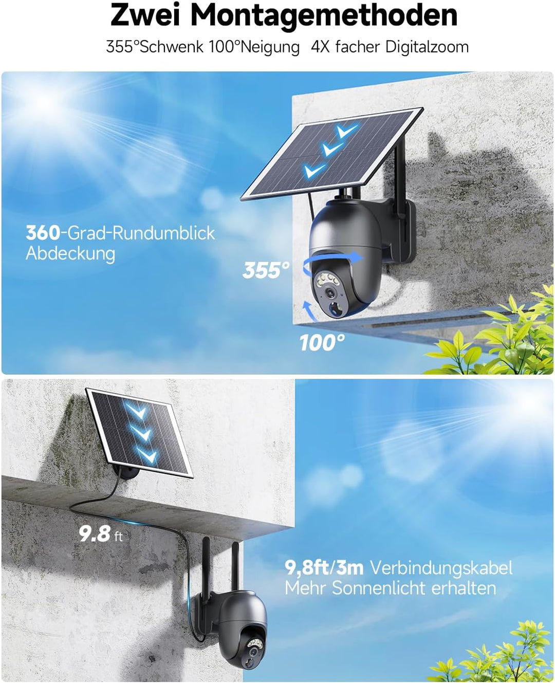 4G LTE Überwachungskamera Aussen Solar mit SIM Karte【2 STK】- 2K HD PTZ Kabellos Kamera Ohne WLAN Out