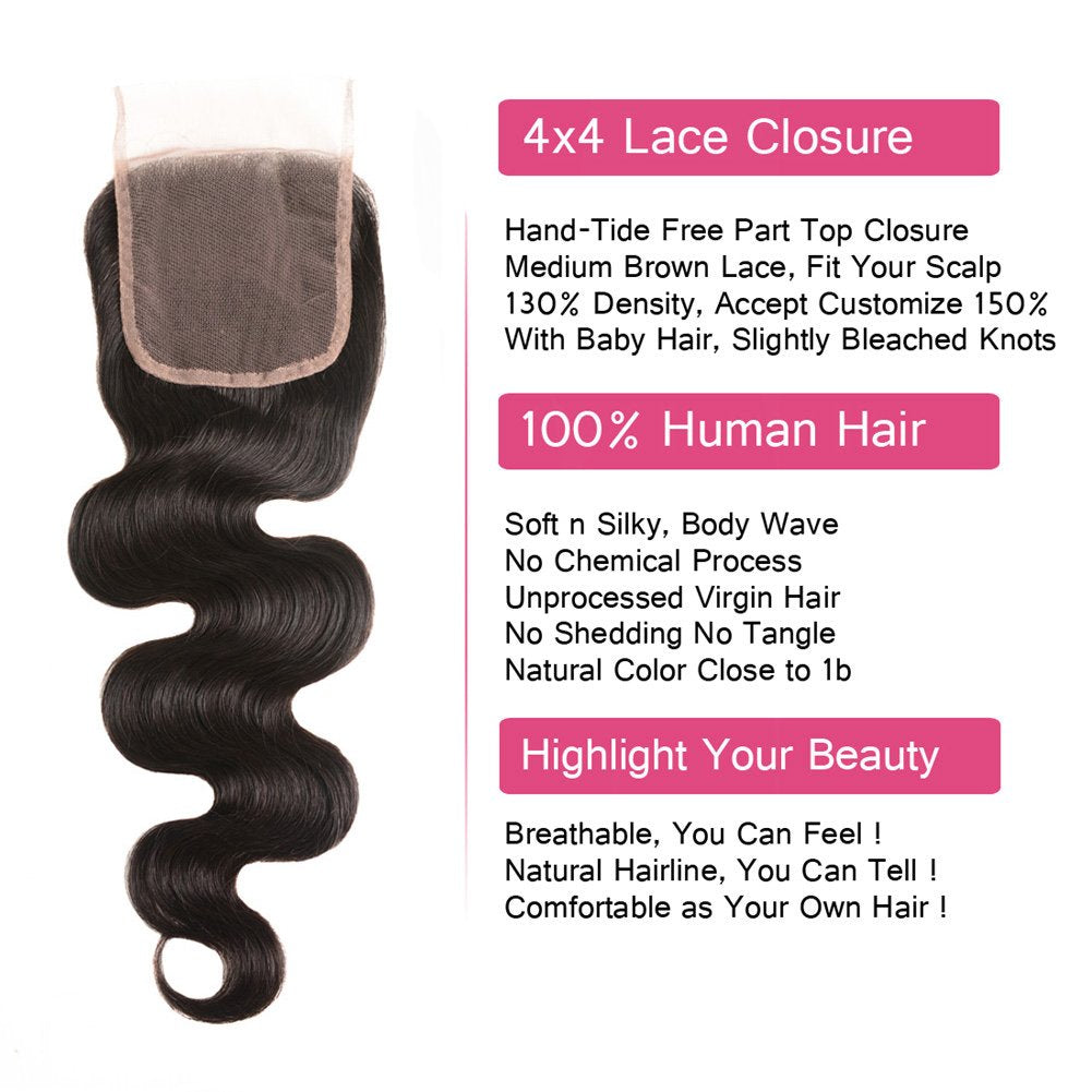 Huarisi 4x4 Closure Human Hair 20 Inch Free Part Lace Closures 12a Grade Brazilian Body Wave Virgin