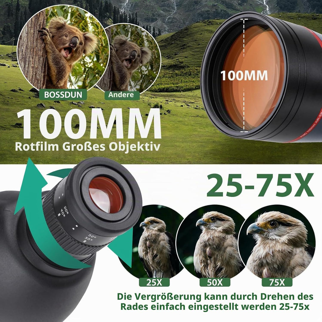 25-75x100 HD Spektiv Sportschützen mit Stativ- und Smartphone-Adapter, Zoom Bak4 Prism FMC Lens 45-G