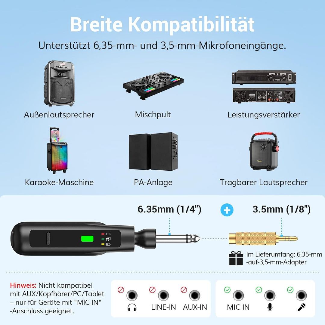 TONOR 2.4G Dual-Mikrofon Kabellos, wiederaufladbares Funkmikrofon Set mit 6,35/3,5 mm Empfänger, 15