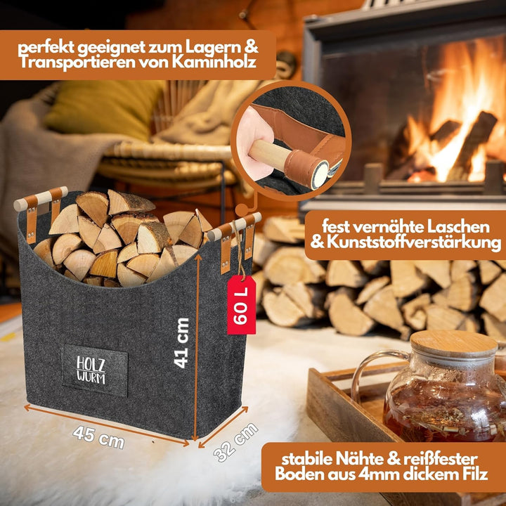Holzwurm Holzkorb für Kaminholz - Filzkorb gross für Kaminholz Aufbewahrung Innen - Kaminholzkorb bi