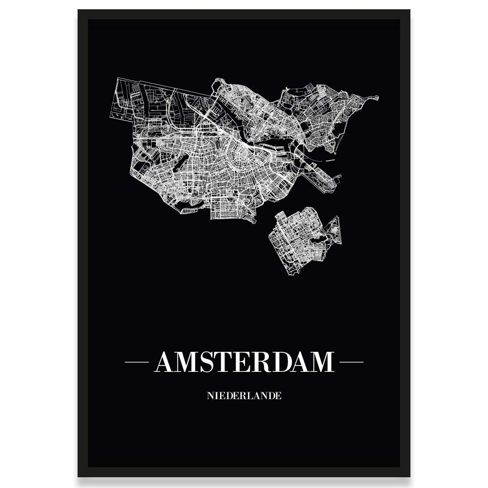 JUNIWORDS Stadtposter, Amsterdam, Wähle eine Grösse, 40 x 60 cm, Poster mit Rahmen, Schrift A, Schwa