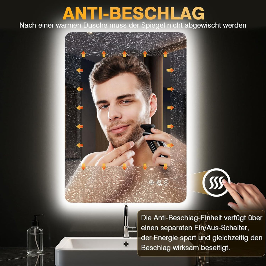 Badezimmerspiegel mit Beleuchtung 50 x 70cm, LED Spiegel Bad mit Antibeschlag, 3 Lichtfarben, Dimmba