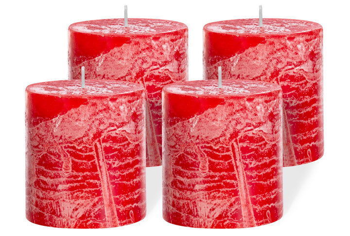 Brandsseller 4er Set Stumpenkerzen 7x7,5 cm – durchgefärbt & aus Paraffin – rustikale Kerzen mit lan