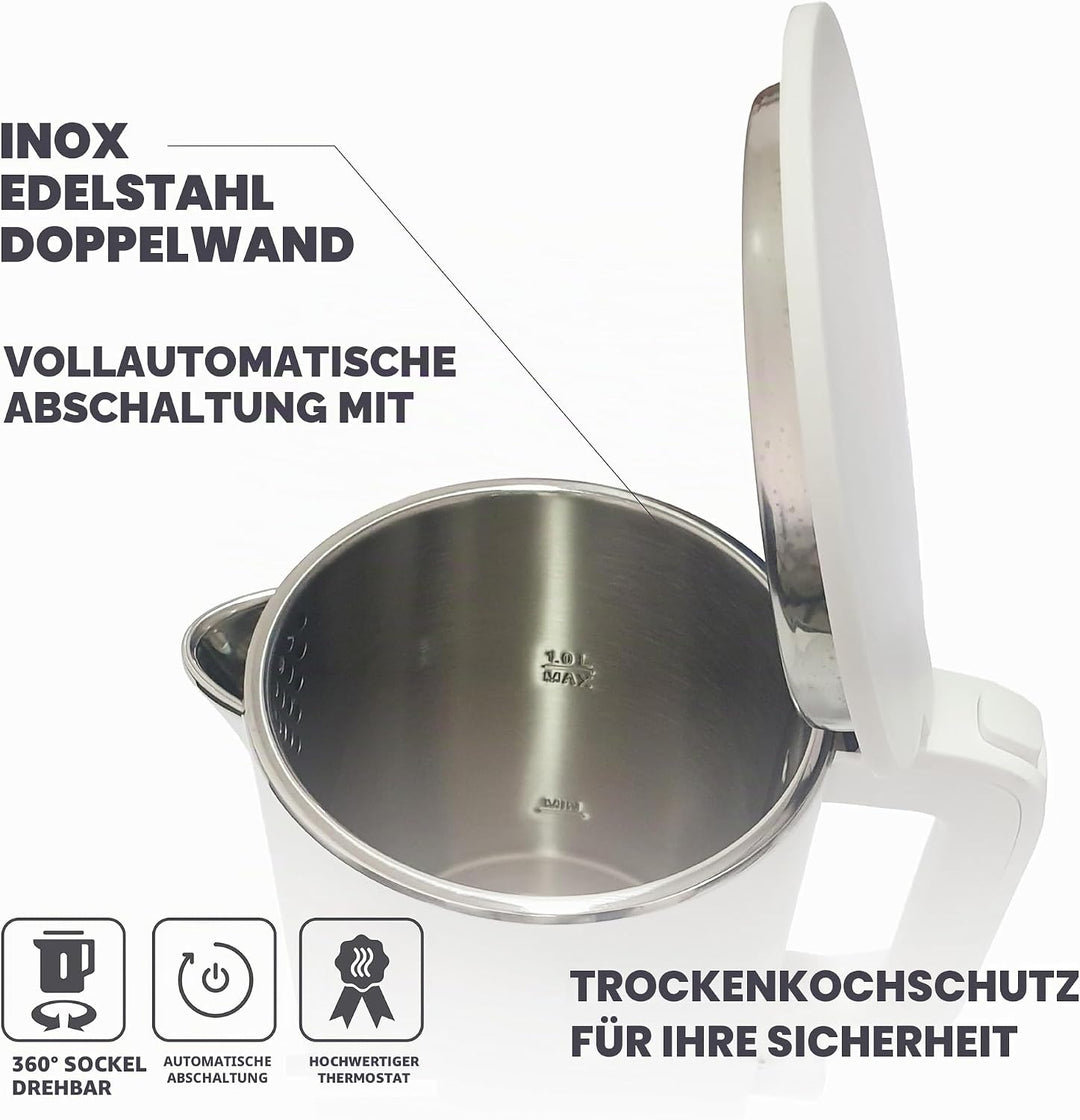 Muller Kitchen MK-6061 Elektrischer Wasserkocher, 1 l, 1000 W, doppelwandig, 360-Grad-Drehfuss, auto