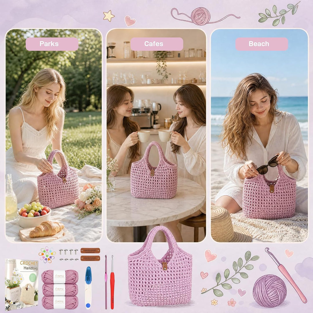 BOUFEIDA Häkelset für Anfänger Häkeltasche, Häkelset Tasche mit Häkelnadel 4,5mm, Anleitung, Ergonom