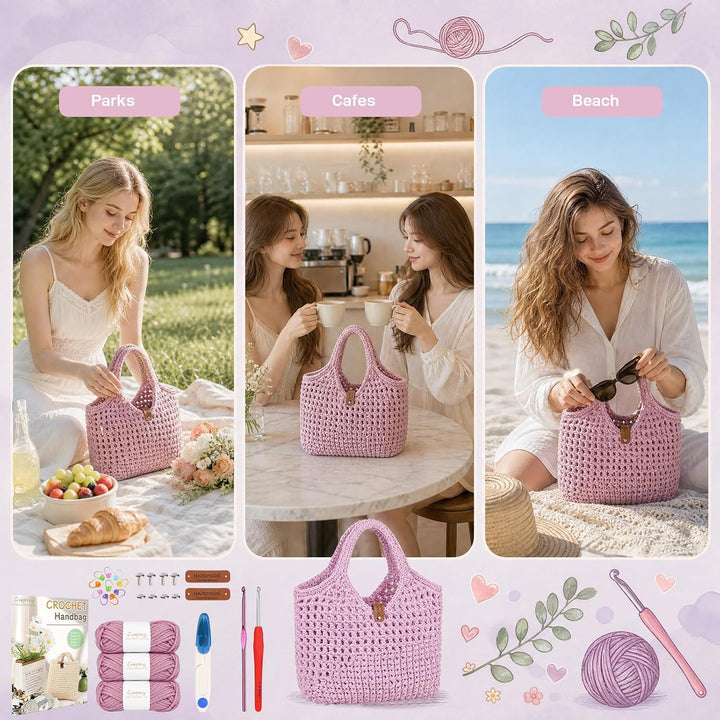 BOUFEIDA Häkelset für Anfänger Häkeltasche, Häkelset Tasche mit Häkelnadel 4,5mm, Anleitung, Ergonom