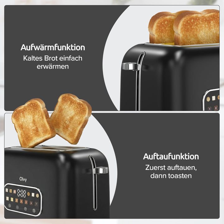 Toaster Olvy 900W – 7 Bräunungsstufen, LCD-Display mit Timer, Extra breite Schlitze, Auftau- und Auf