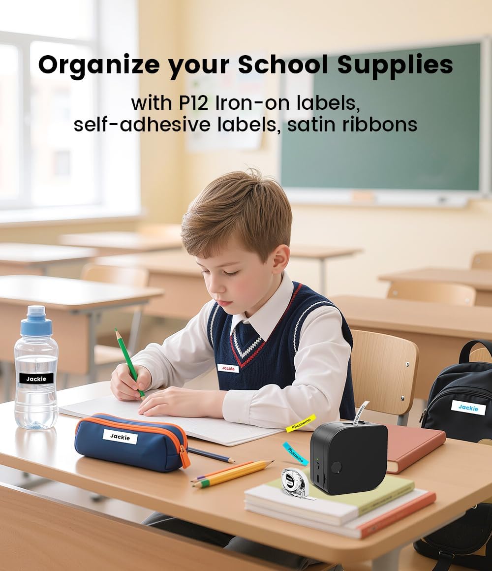 Phomemo P12 Beschriftungsgerät, Mini Etikettendrucker Bluetooth, Etikettiergerät Selbstklebend Kompa