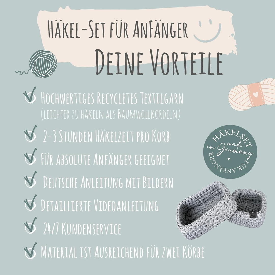 Häkelset für Anfänger - kleiner Korb, Häkelset Anfänger, Textilgarn zum Häkeln, Crochet Set, Körbe H