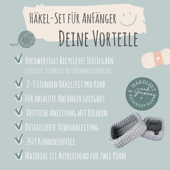 Häkelset für Anfänger - kleiner Korb, Häkelset Anfänger, Textilgarn zum Häkeln, Crochet Set, Körbe H