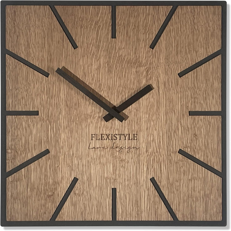 FLEXISTYLE Moderne quadratisch grosse WanduhrHolz ECO 40cm, Stille, Holzoptik, Eiche, Wohnzimmer, Sc