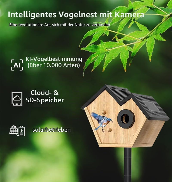 Vogelhaus mit Kamera, 2K Kamera WLAN Outdoor mit Massivholz Nistkasten, 2,4G WiFi &amp; App Benachrichti