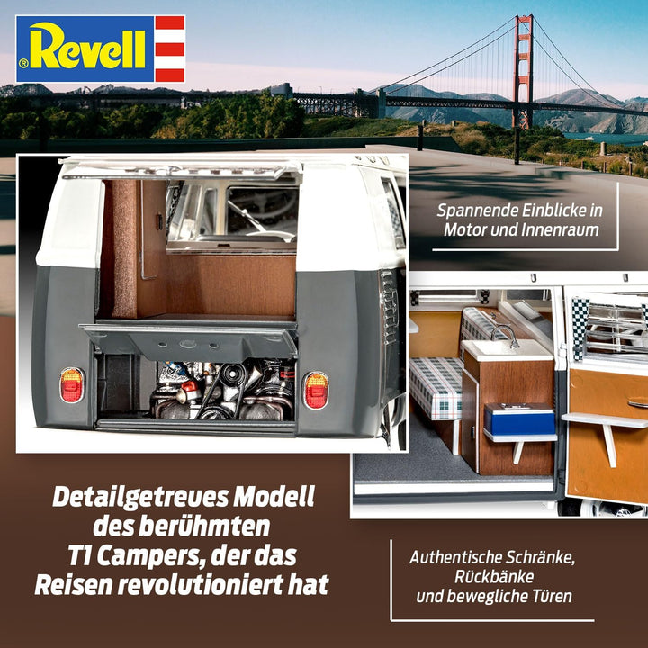 Revell 7674 Volkswagen VW T1 Bulli Camper, Campingbus zum Selberbauen 1:24, 18 cm Zubehör,