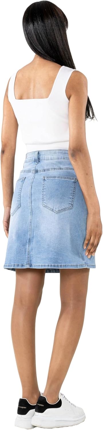Nina Carter P213 Damen Kurzer Jeansrock mit Vorderem Schlitz Reissverschluss Stretch Used-Look Hellb