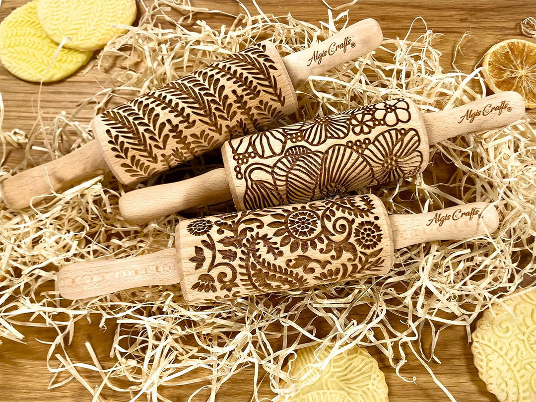 Blumen 3-er Set Kinder Nudelhölzer für hausgemachtes Gebäck. Teigrolle mit Mohn, Paisley, Blume, Flu