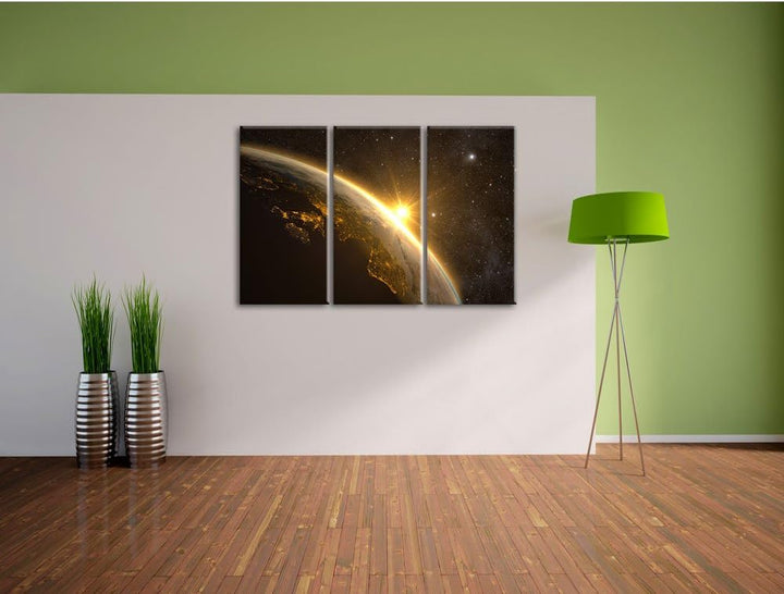 Pixxprint Die Sonne und Erde im Weltall / 3-Teilig/Gesamtmass 120cm Leinwandbild bespannt auf Holzra