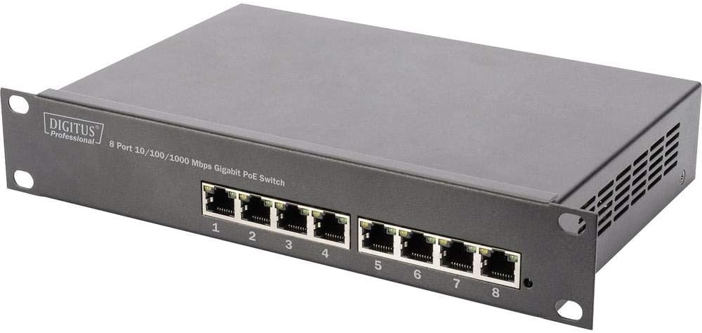 DIGITUS Gigabit Ethernet PoE+ Switch - 10 Zoll - 8 Ports - Unmanaged - IEEE 802.3at - 96 Watt Powerb