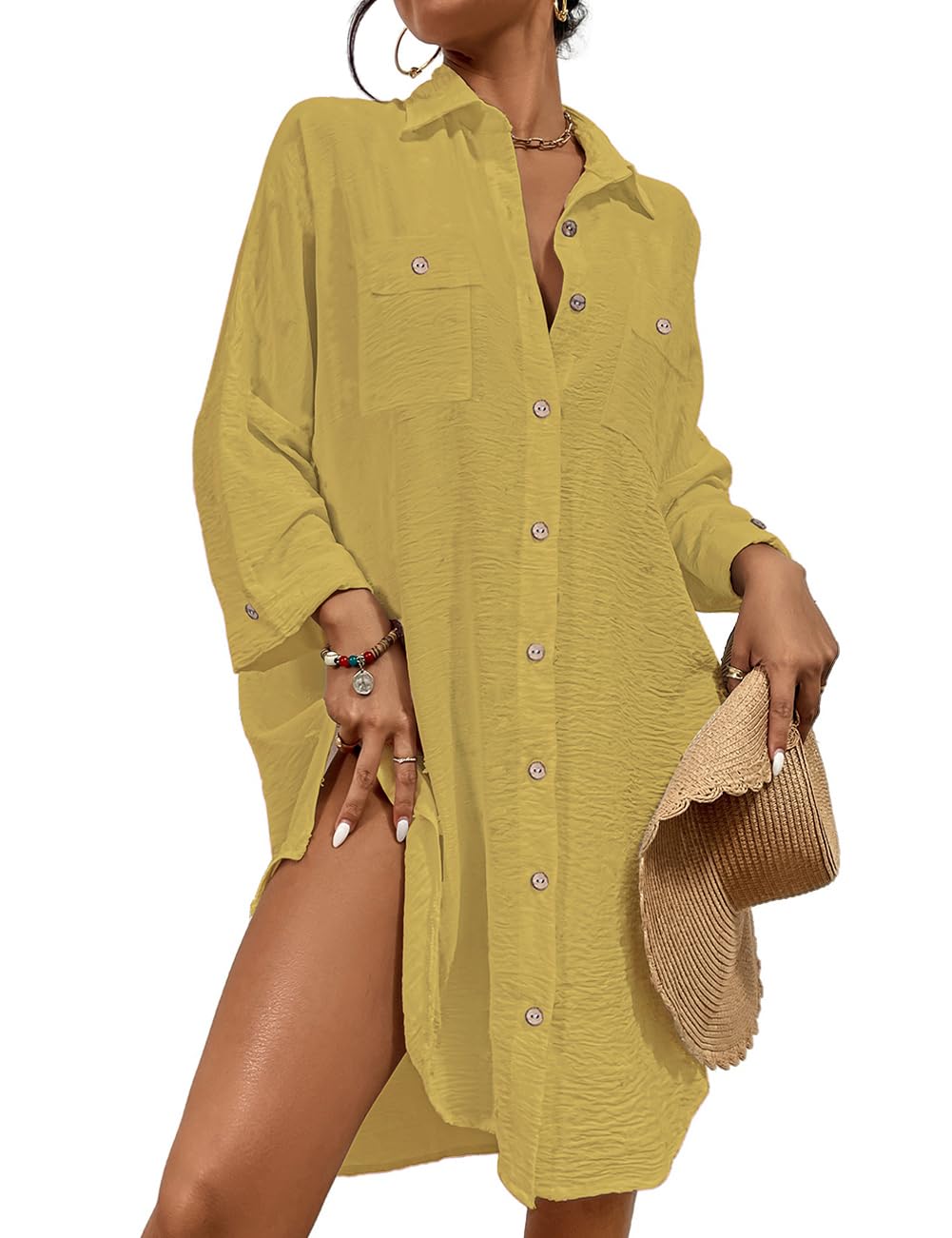 Bsubseach Badeanzug Coverup für Frauen Badeanzug Cover Up Button Down Shirt Kleider Swiss Dot Gelb S