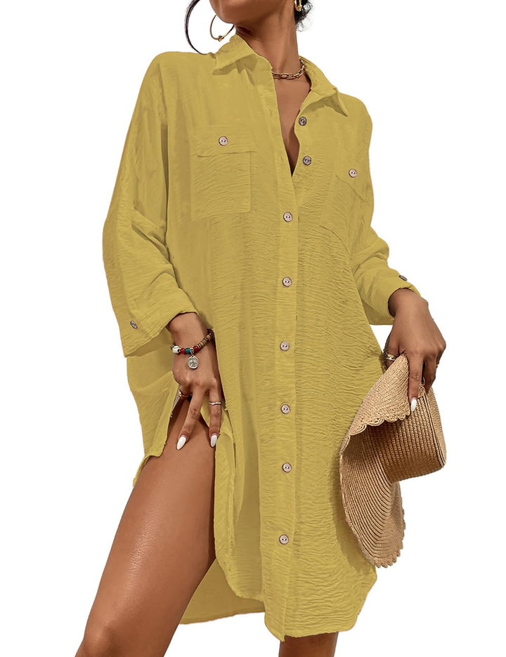 Bsubseach Badeanzug Coverup für Frauen Badeanzug Cover Up Button Down Shirt Kleider Swiss Dot Gelb S