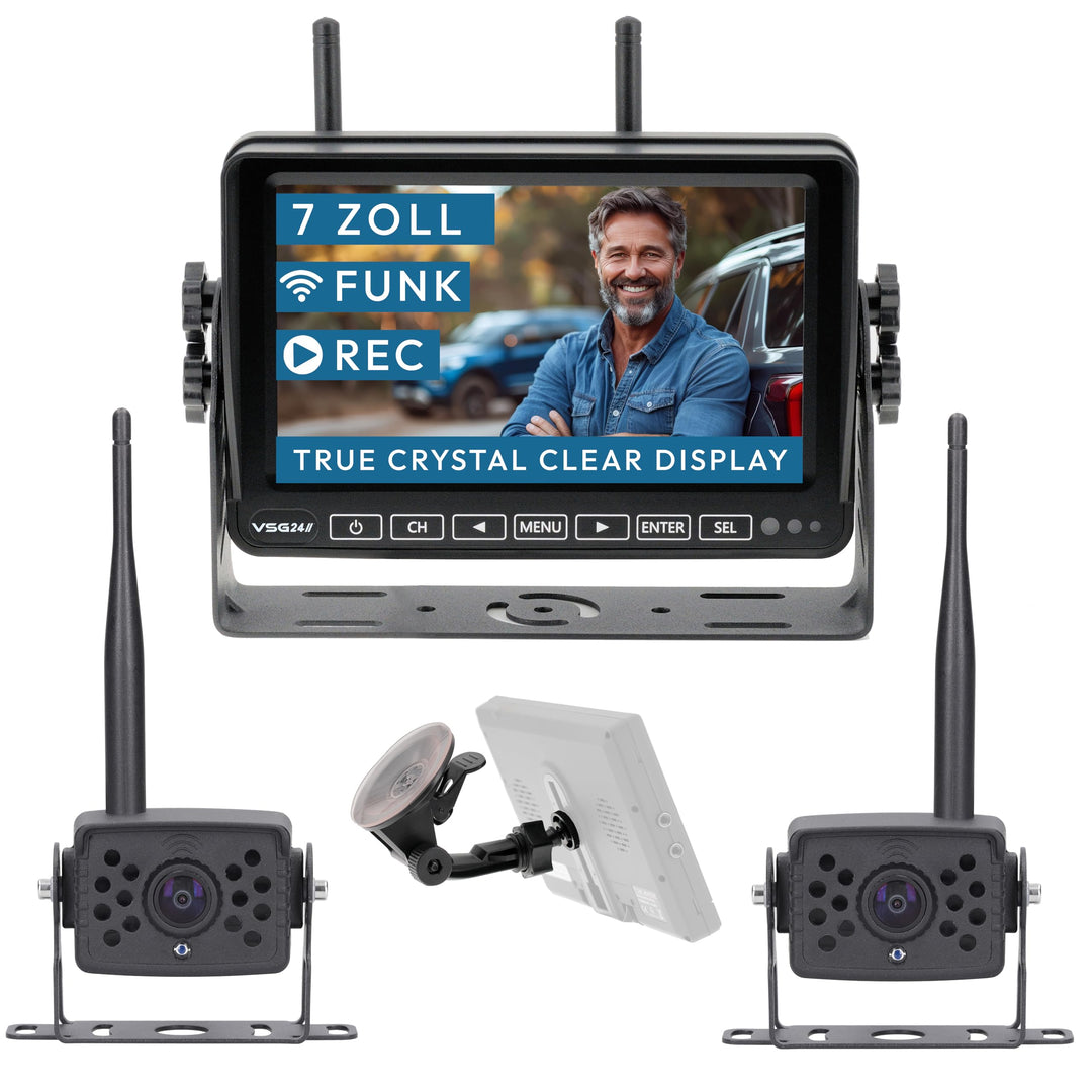 VSG24 Element Wired HD – Wetterfestes 7 Zoll HD Funk-Rückfahrkamera Set – 2 IP68 Kameras – Splitscre