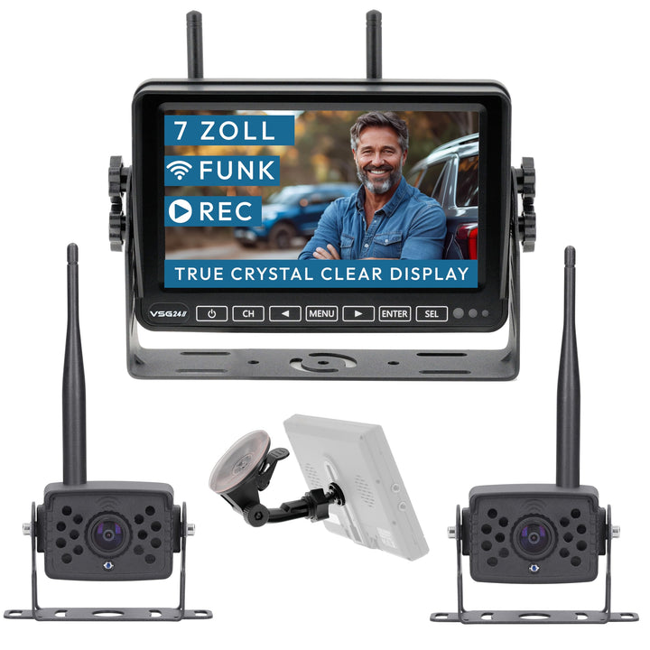 VSG24 Element Wired HD – Wetterfestes 7 Zoll HD Funk-Rückfahrkamera Set – 2 IP68 Kameras – Splitscre