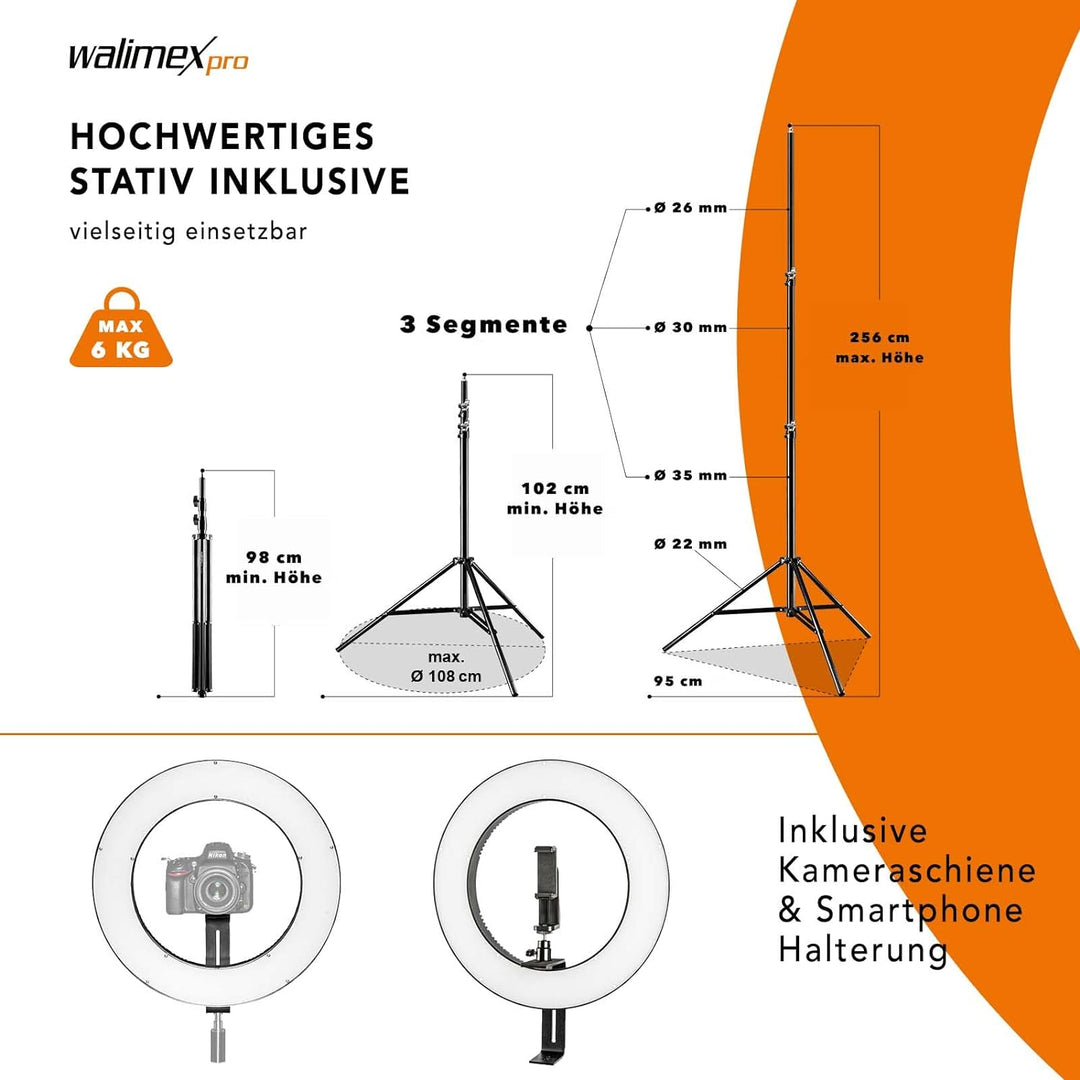 Walimex pro dimmbares LED Ringlicht 32W und Stativ I Ringleuchte mit einzeln schaltbaren Sektoren I