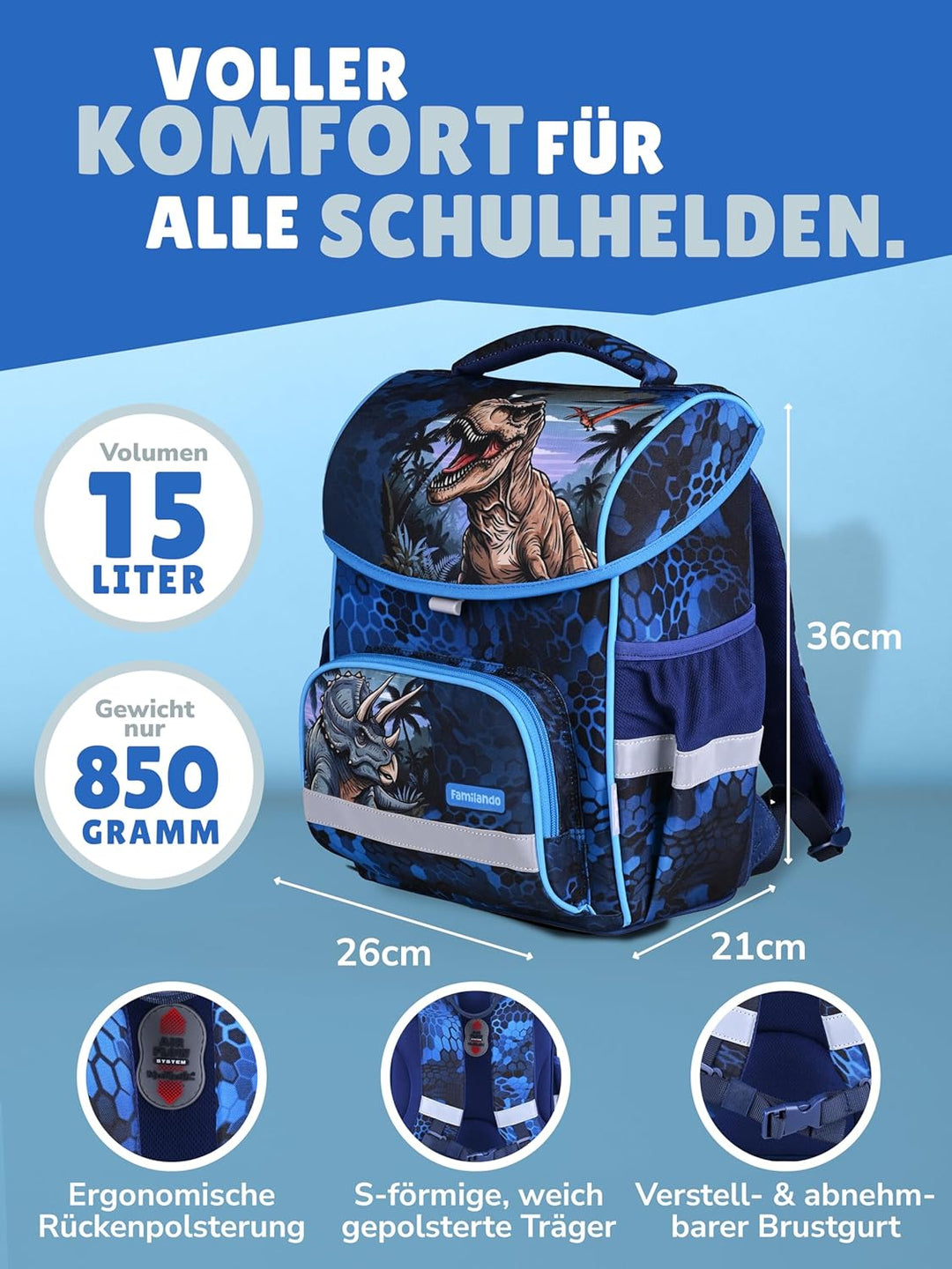 Familando - Basic-Plus Schulranzen Set - 9-teilig mit Sporttasche - T-REX Dino - Ergonomisch, stabil