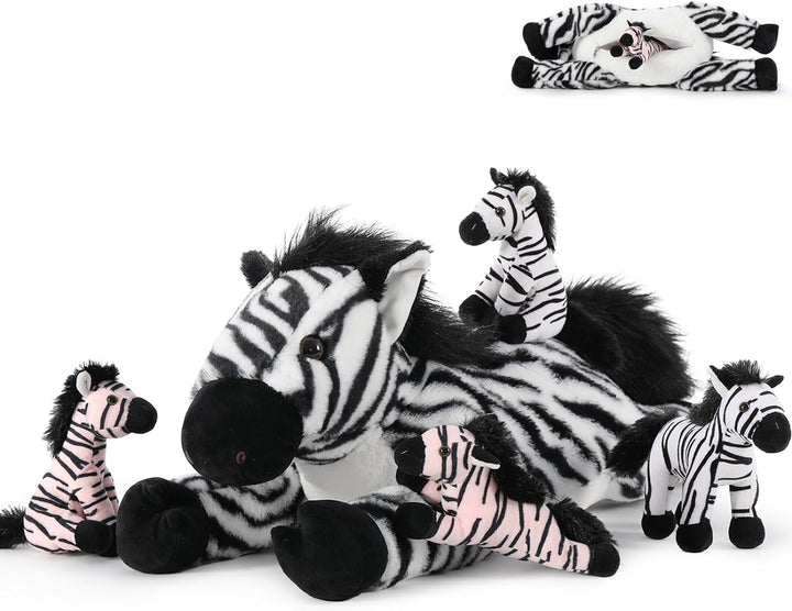 MorisMos 64cm riesen Zebra Kuscheltier XXL mit 4 Baby im Bauch, gross Plüschpferd XXL, Flauschiger S