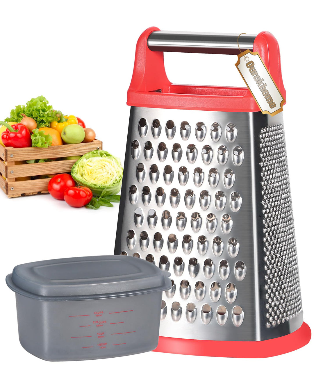 Ourokhome Käsereibe mit Griff, Edelstahl-Boxreibe, 4-seitiger Küchen-Gemüsezerkleinerer mit Behälter