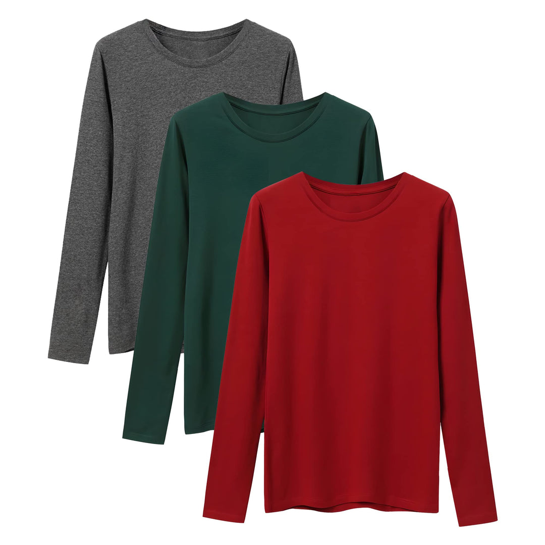 LiKing Langarmshirt Damen Basic Longsleeve Langarm-Shirt Oberteil Tops mit Stretch Baumwolle 3er Pac