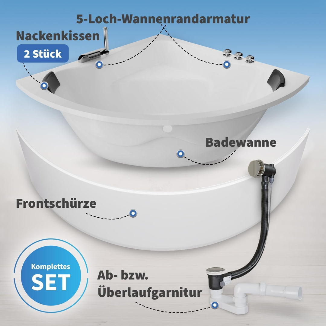 AQUADE Acryl Eckbadewanne 150x150 Modell: Koblenz - Weiss Badewanne Komplettset 150x150 - Badewanne