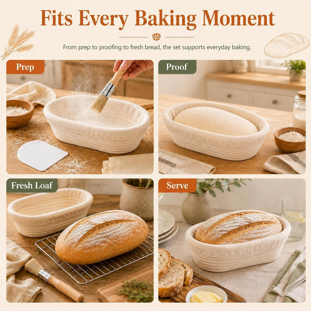 2 Stück Gärkörbchen Oval 28 cm, Gärkörbchen für Brot, Gärkorb Brot mit Bürste und Kunststoffspachtel