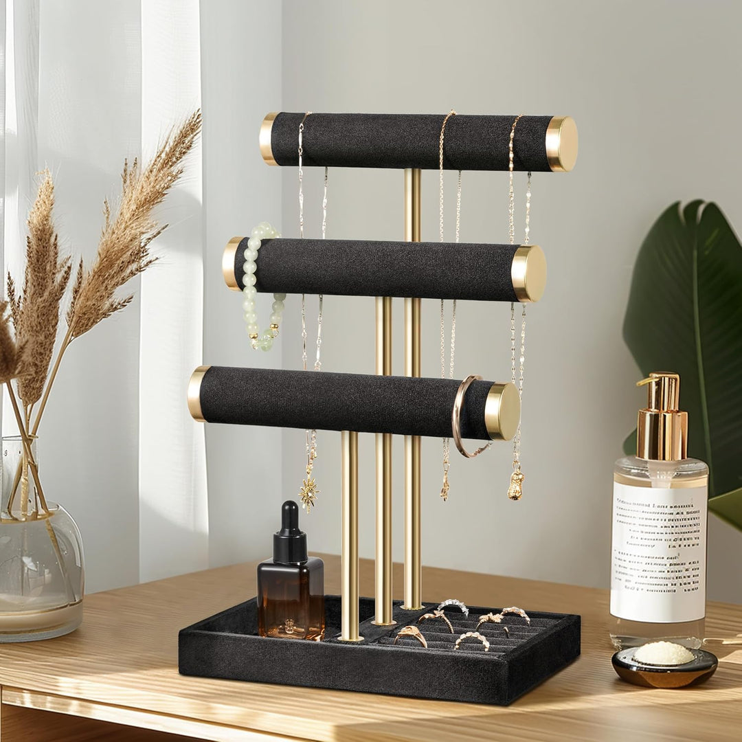Schmuck Organizer mit 3 Ebenen - Schwarz Schmuckständer Armbänder, Abnehmbarer T-Steg Schmuck Stände
