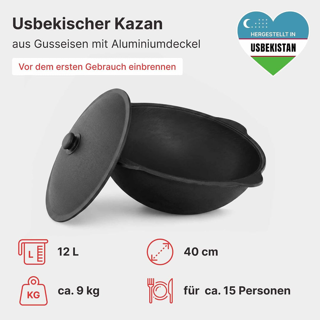 Kazan-Ofen Set 40cm Uchag 2mm Stahl Utschak Abzugsrohr 12L Gusseisen Kasan | Set Utschak mit Usbekis