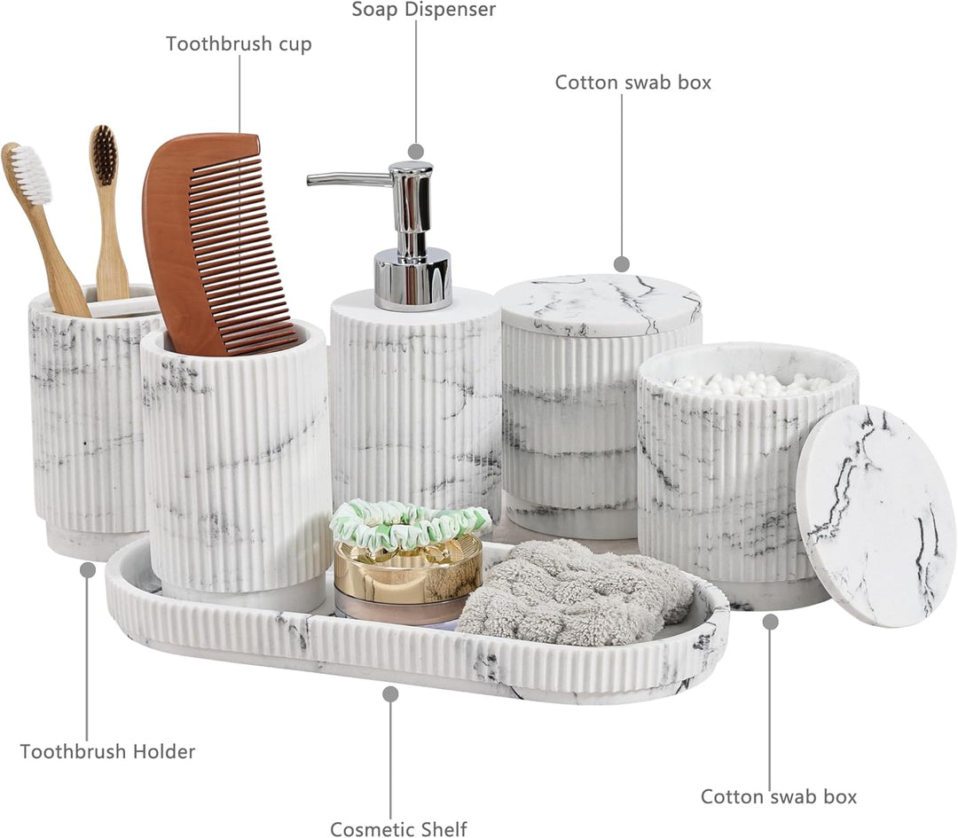 Badezimmer Set 6-TLG | Seifenspender + Zahnputzbecher mit Tablett & Wattestäbchenbox | Design Streif