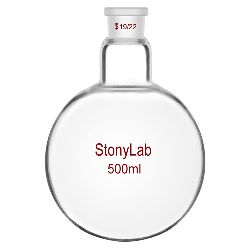 StonyLab 500ml Borosilikat Glas Einhalsrundkolben, Glas Einhals Rundkolben RBF mit 19/22 Standard Ta